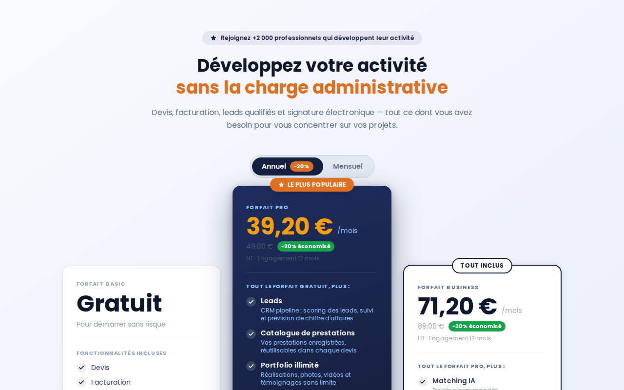 Page de présentation des forfaits