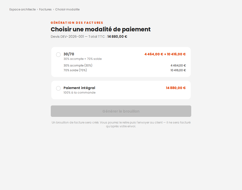 Choix de la modalité de paiement, avec le détail des jalons