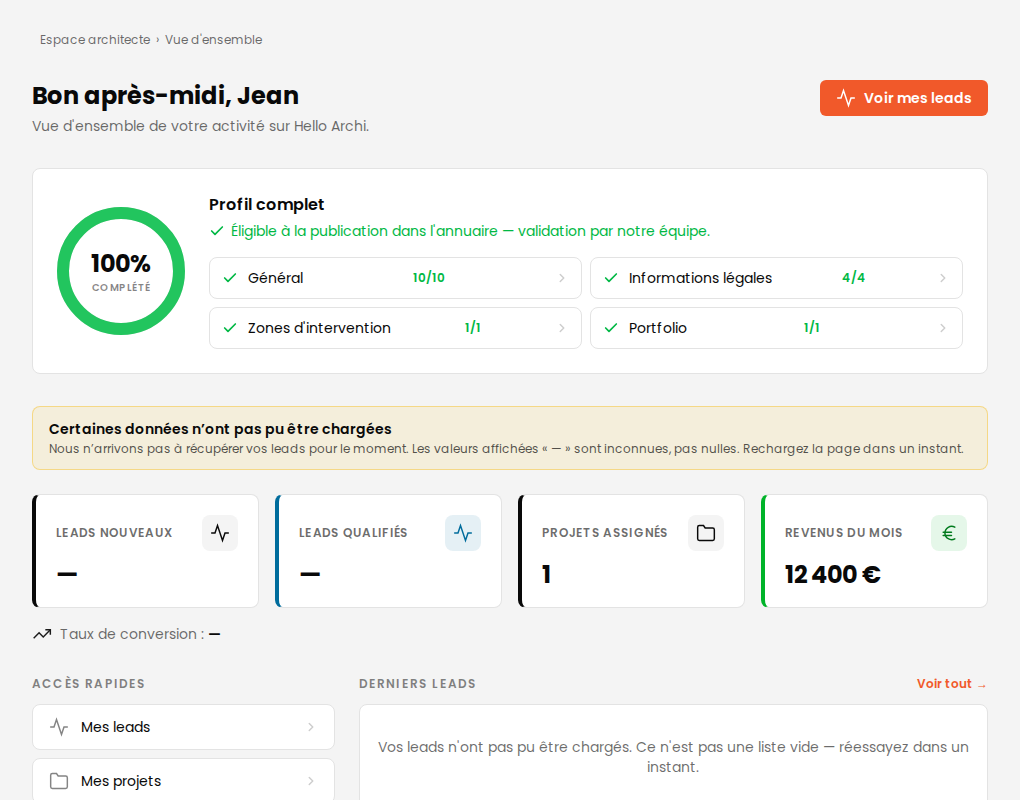 Architect area dashboard