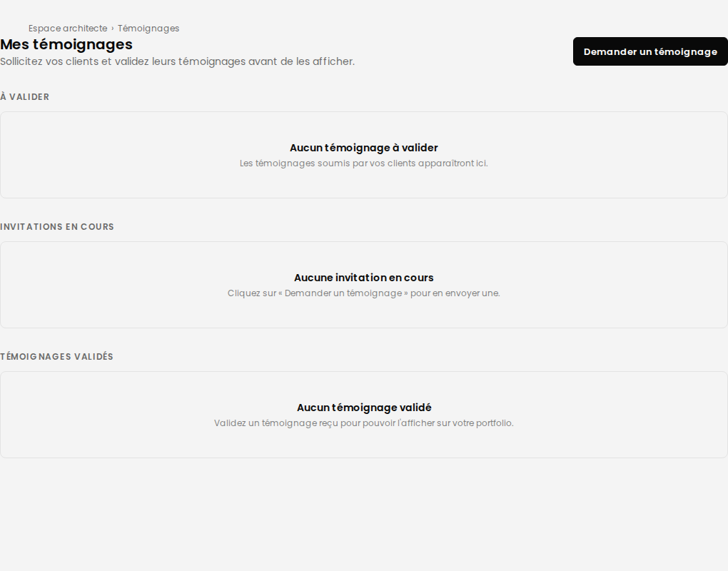 Page Témoignages : demandes envoyées et témoignages reçus