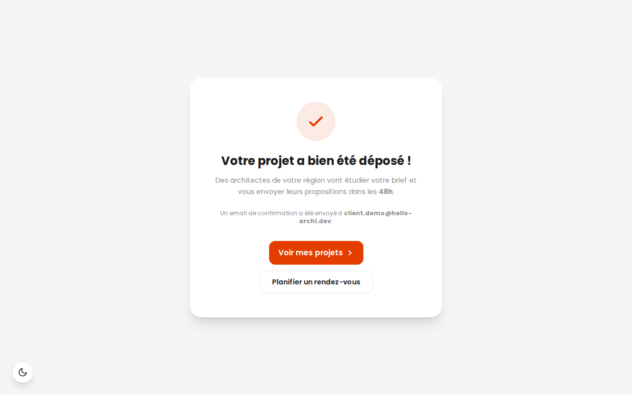 Écran de confirmation du dépôt de projet
