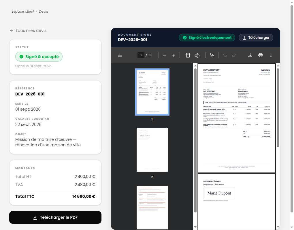 Devis signé, consultable et téléchargeable