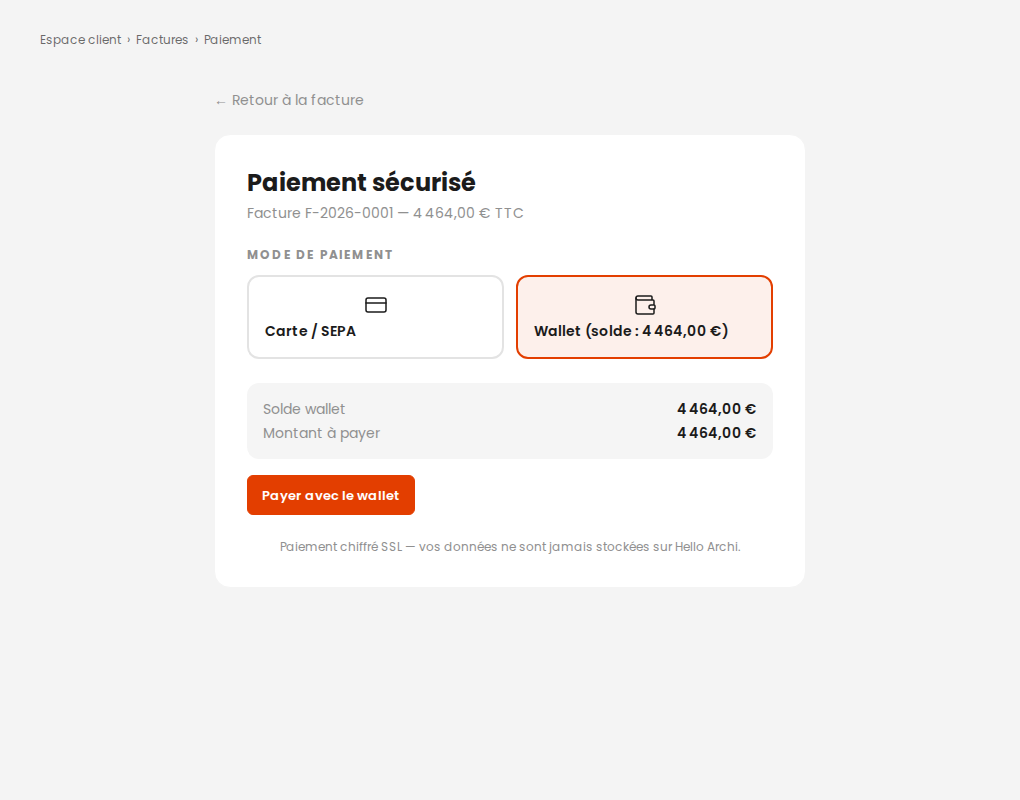 Écran de paiement d'une facture depuis le portefeuille