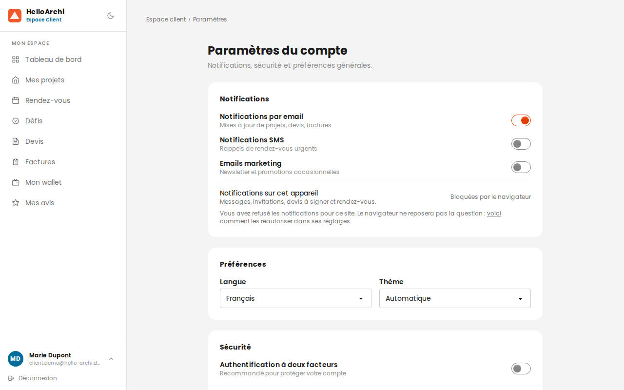 Paramètres du compte : la ligne Notifications sur cet appareil indique « Bloquées par le navigateur »