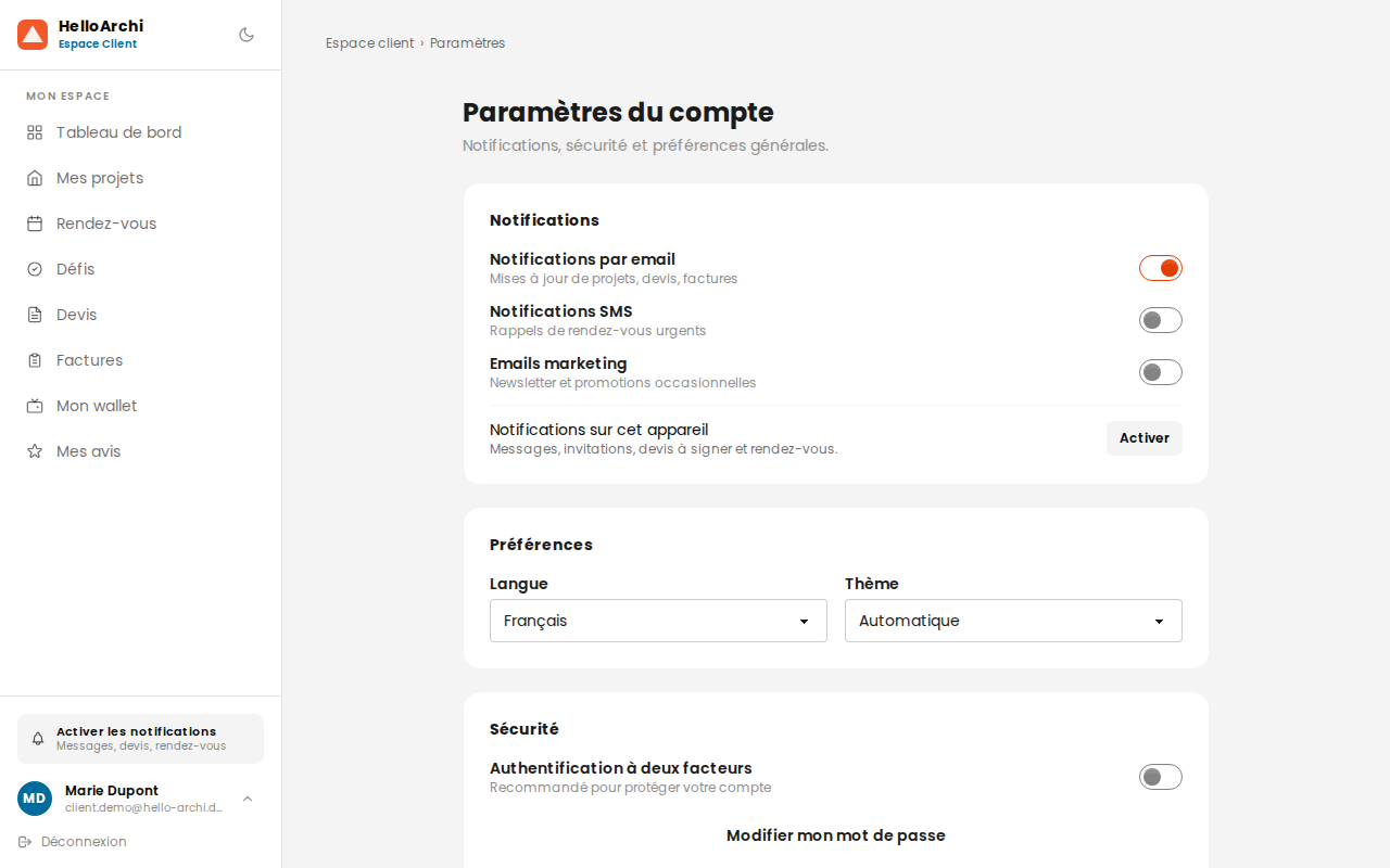 Paramètres du compte : le bouton Activer, et la cloche en bas du menu de gauche