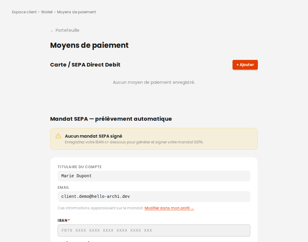 Page Méthodes de paiement : état du mandat SEPA