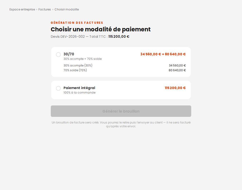 Choix de la modalité de paiement pour un devis de travaux